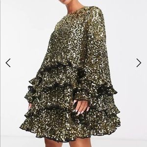 ASOS EDITION frill sequin smock mini dress black